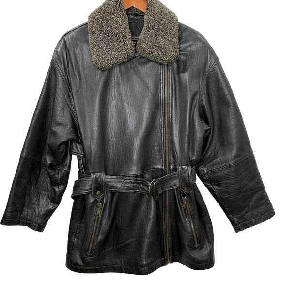 Express Size M Leather Coat Vintage Thinsulate Belted Removable Sherpa Collar - Picture 1 of 16